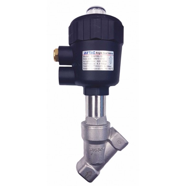 Vana control fluide unghiulara din inox SUS 316L apa/aer/ulei/ normal inchisa actionare pneumatica 3/4" 