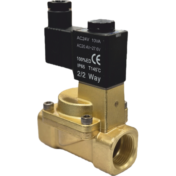 Vana control fluide din alama apa/aer/ulei normal inchisa 1/2" orificiu 15 mm cu bobina si conector - 24VAC Vana control fluide din alama apa/aer/ulei normal inchisa 1/2" orificiu 15 mm cu bobina si conector - 24VAC