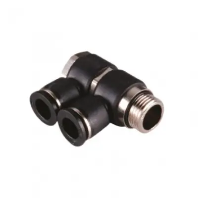 Conector rapid push-in 90 grade BANJO cu 2 iesiri cu filet exterior 1/8" - Ø6
