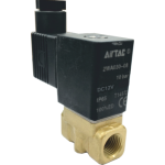 Vana control fluide din alama apa/aer/ulei normal inchisa 1/4" orificiu 3 mm cu bobina si conector - 12VDC Vana control fluide din alama apa/aer/ulei normal inchisa 1/4" orificiu 3 mm cu bobina si conector - 12VDC