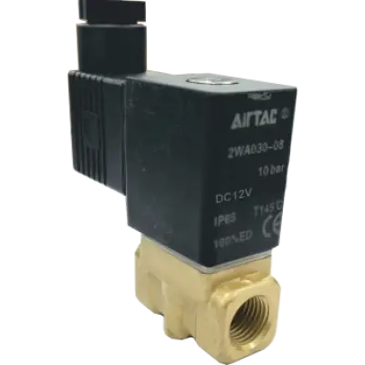Vana control fluide din alama apa/aer/ulei normal inchisa 1/4" orificiu 3 mm cu bobina si conector - 12VDC