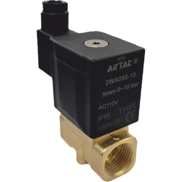 Vana control fluide din alama apa/aer/ulei normal inchisa 1/2" orificiu 5 mm cu bobina si conector - 110VAC Vana control fluide din alama apa/aer/ulei normal inchisa 1/2" orificiu 5 mm cu bobina si conector - 110VAC