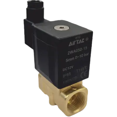 Vana control fluide din alama apa/aer/ulei normal inchisa 1/2" orificiu 5 mm cu bobina si conector - 12VDC