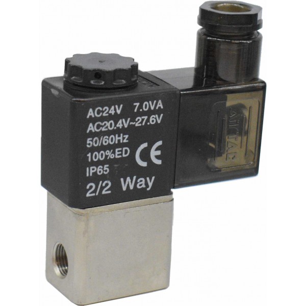 Vana control fluide din alama apa/aer/ulei normal inchisa 1/8" orificiu 2,5 mm cu bobina si conector - 24VAC