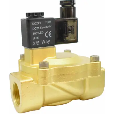 Vana control fluide din alama apa/aer/ulei normal inchisa 3/4" orificiu 25 mm cu bobina si conector - 24VDC