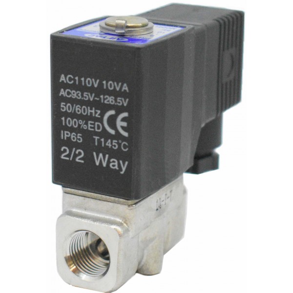 Vana control fluide din inox apa/aer/ulei/abur normal inchisa 1/2" cu bobina si conector - 110VAC