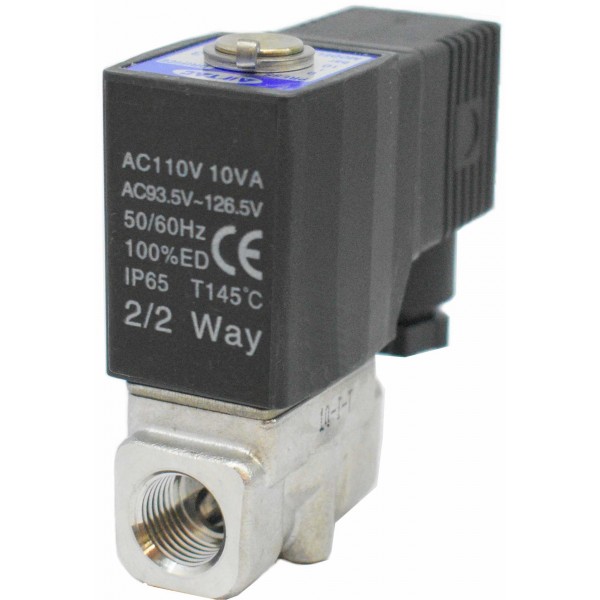 Vana control fluide din inox 20 bar apa/aer/ulei/abur normal inchisa 1/4" cu bobina si conector - 110VAC