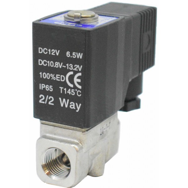 Vana control fluide din inox apa/aer/ulei/abur normal inchisa 1/4" cu bobina si conector - 12VDC