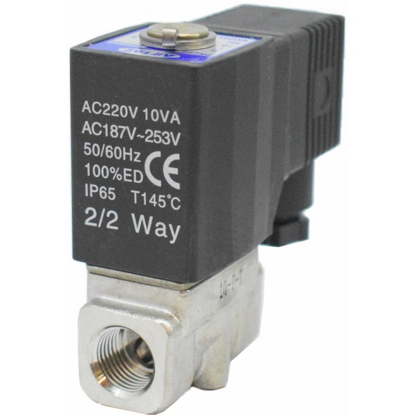 Vana control fluide din inox apa/aer/ulei/abur normal inchisa 1/2" cu bobina si conector - 220VAC