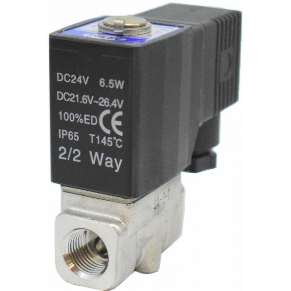 Vana control fluide din inox apa/aer/ulei/abur normal inchisa 1/2" cu bobina si conector - 24VDC