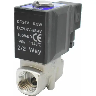 Vana control fluide din inox apa/aer/ulei normal inchisa 1/2" cu bobina si conector - 24VDC