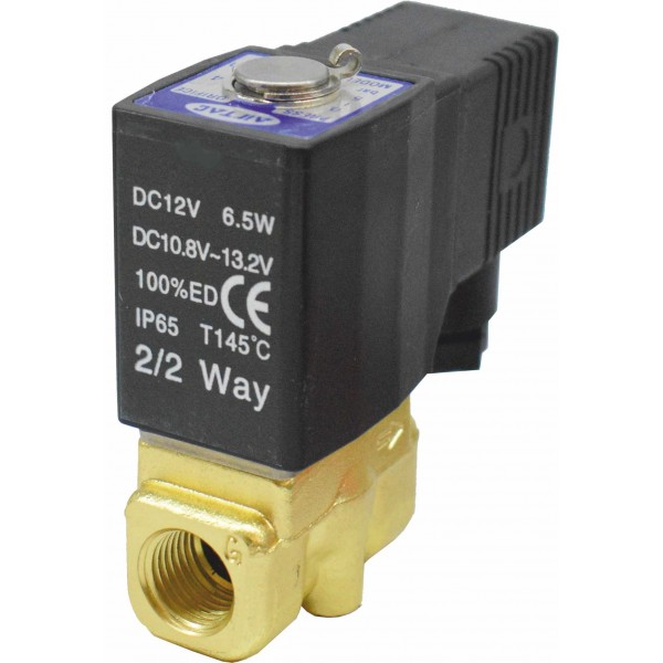 Vana control fluide din alama apa/aer/ulei normal inchisa 1/4" orificiu 3 mm cu bobina si conector - 12VDC