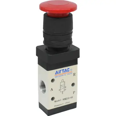 Distribuitor manual schema 3/2 seria 200 G1/4 actionare tip ciuperca rosu