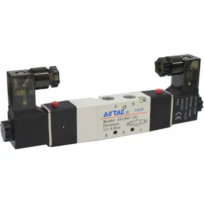 Electrovalva bistabila 5/3 centrul inchis cu 2 bobine si 2 conectori cu led prezenta tensiune G1/8" - 12VAC